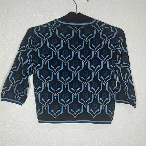 New PACO RABANNE Cropped Turtleneck Knit Top in Blue Jacquard Logo Large - Picture 9 of 16
